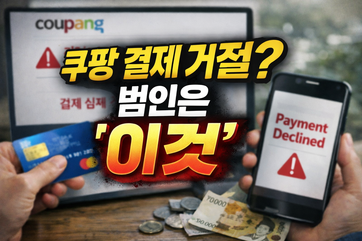 쿠팡 결제 거절 화면과 카드·현금 이미지, “쿠팡 결제 거절? 범인은 ‘이것’” 문구가 들어간 썸네일