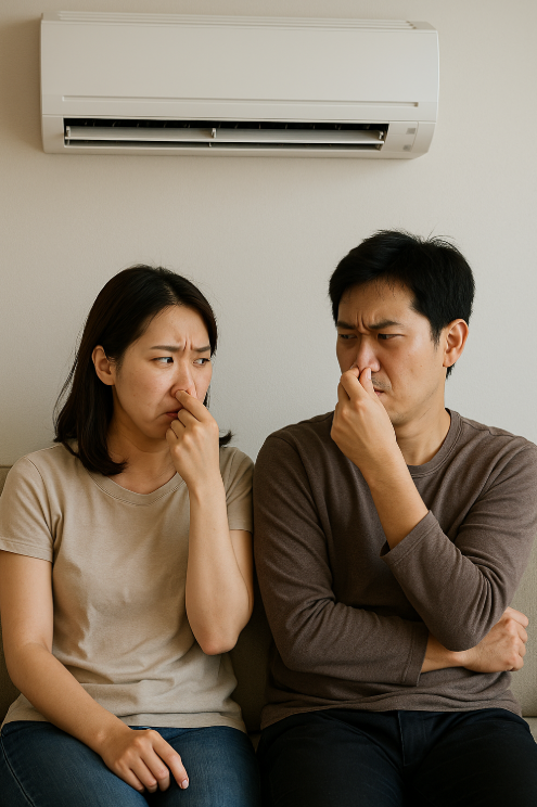 에어컨 냄새 때문에 불쾌감을 느끼는 30대 동양인 남녀