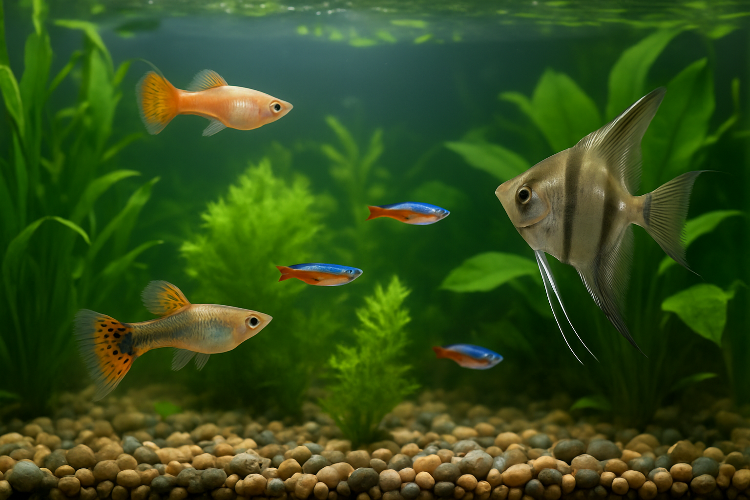맑은 수질의 유리 어항 속에서 구피, 네온테트라, 엔젤피시 등 열대어들이 녹색 수초와 자갈 사이를 평화롭게 유영하는 모습