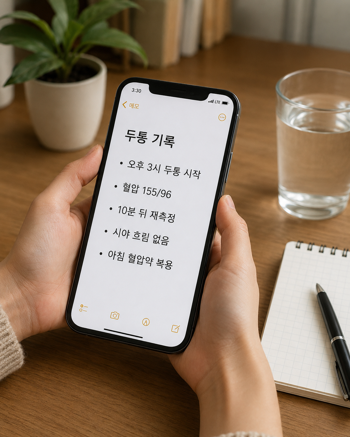두통이 있는 날 혈압 수치와 증상 흐름을 휴대폰에 기록하는 모습