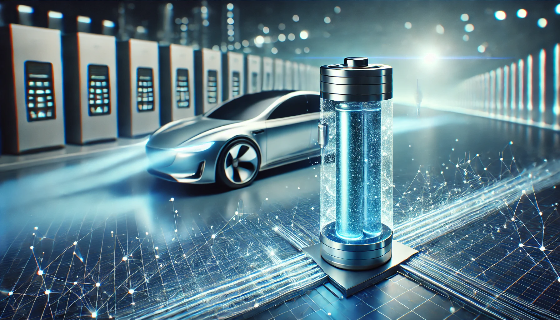 미래형 배터리를 상징하는 첨단 느낌의 나트륨 이온 배터리