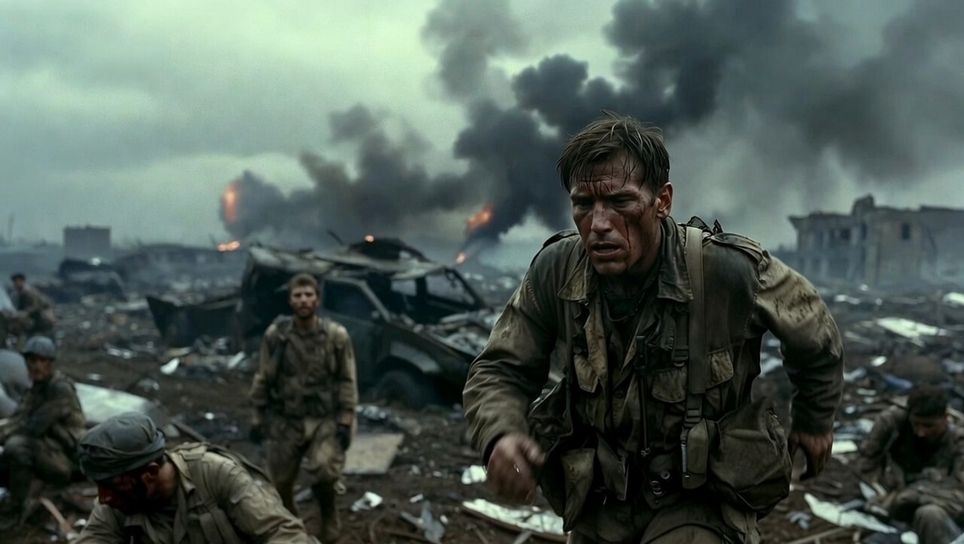 전쟁터에서 도망가는 남자의 모습 ai 이미지