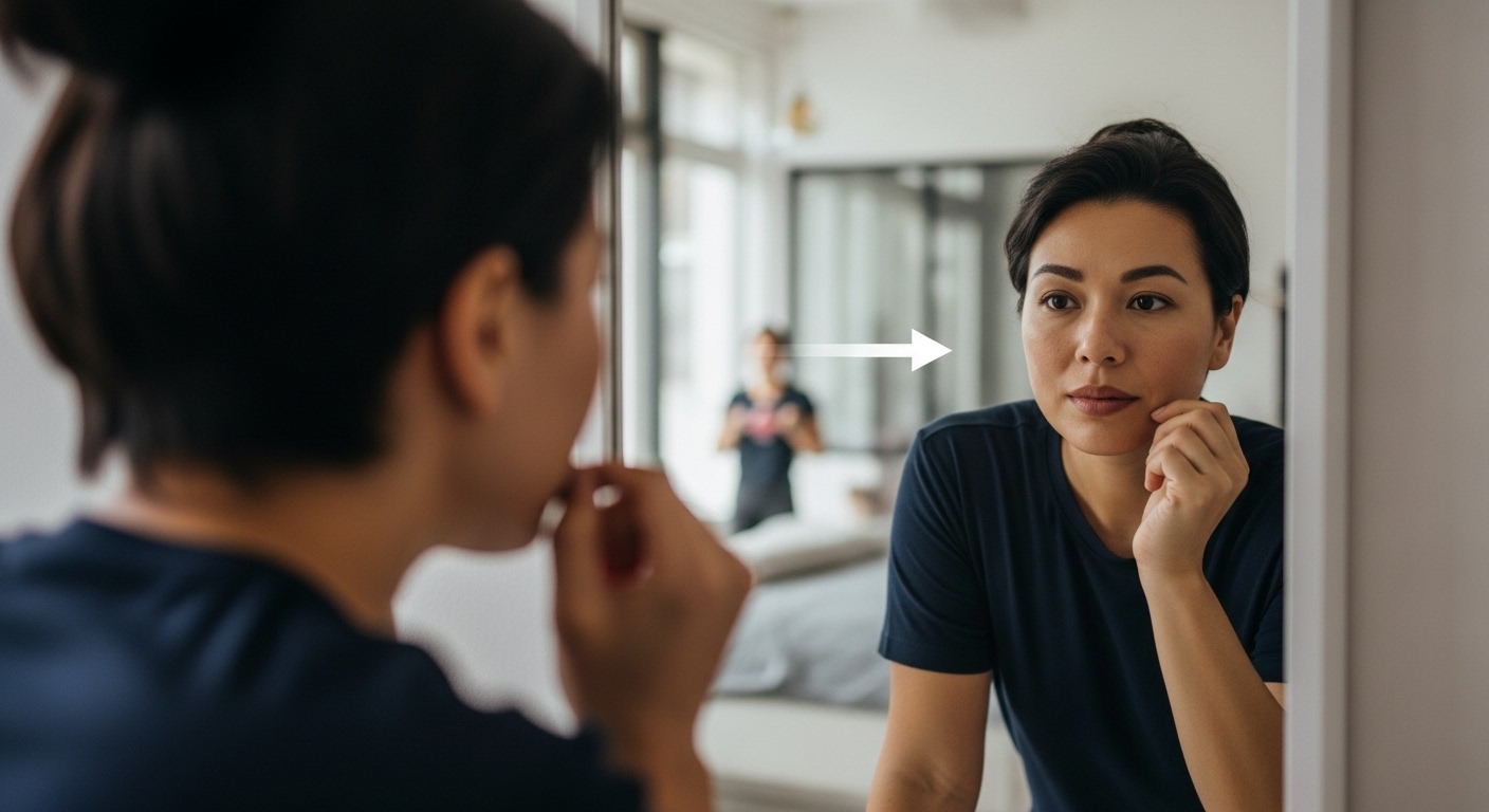 거울을 보는 현재의 모습과 그 속에 비친 더 자신감 있고 성장한 미래의 모습. 꾸준한 루틴을 통해 이룬 긍정적 변화를 상징합니다.