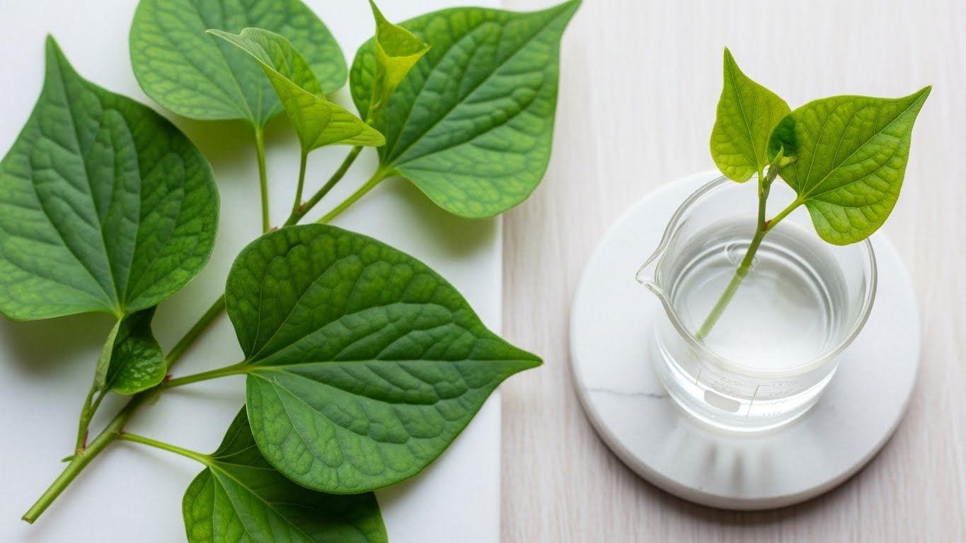 투명한 액체가 담긴 작은 유리 비커 옆에 신선하고 녹색인 하트리프(Houttuynia cordata) 식물 잎이 아름답게 배열된 평평한 층이 추출물을 상징합니다.