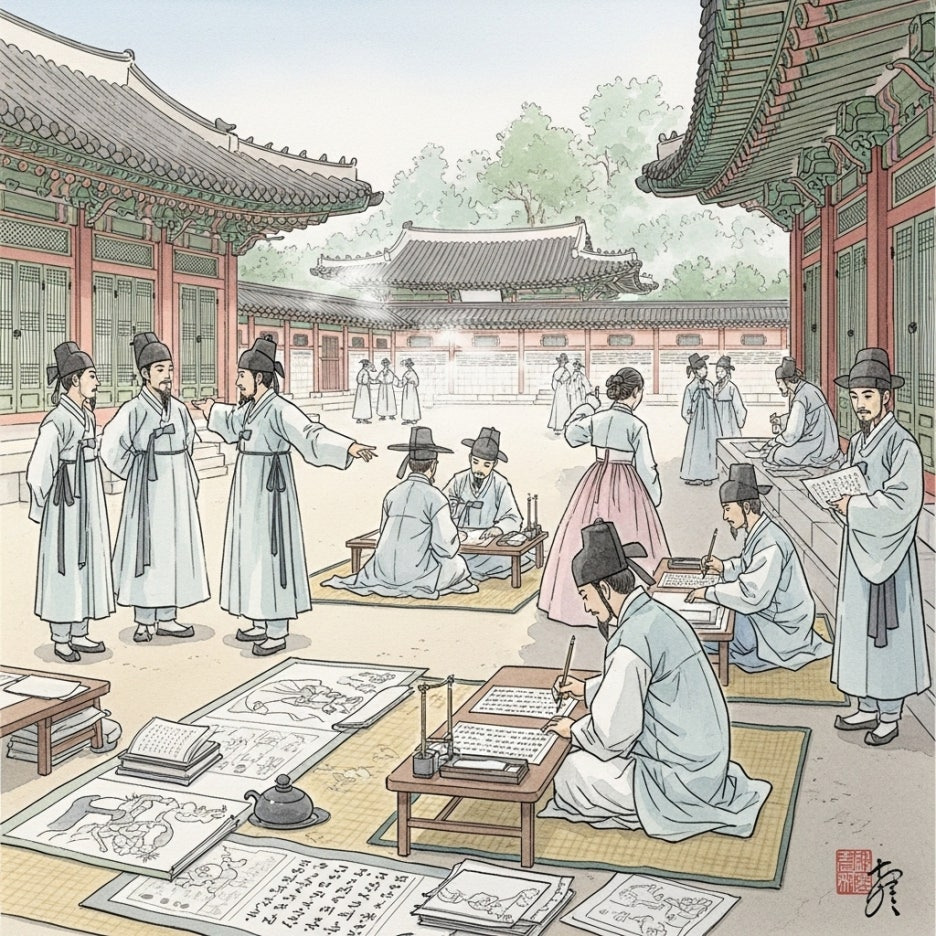 궁궐 뜰에서 서류를 보며 대화하는 선비들의 모습