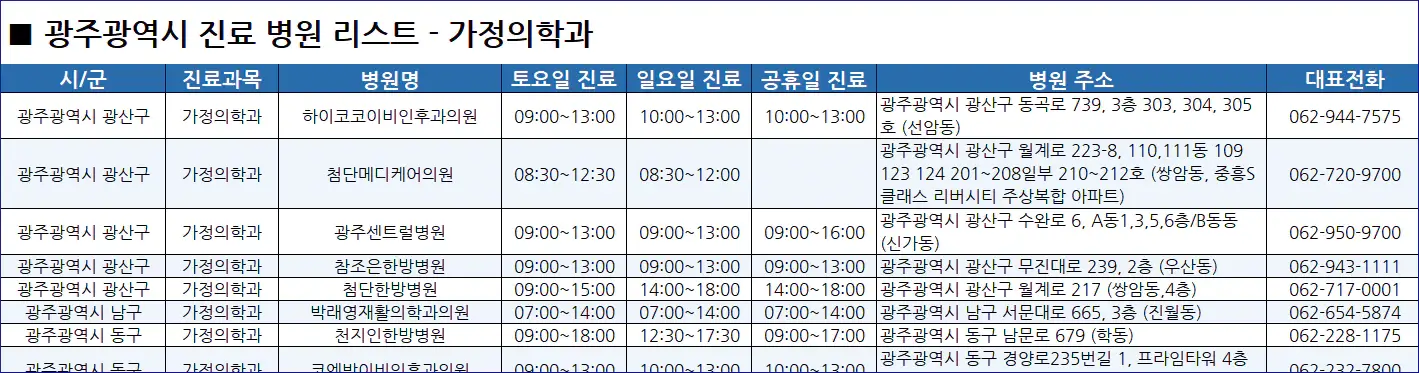 광주시-일요일-진료병원-리스트-예시