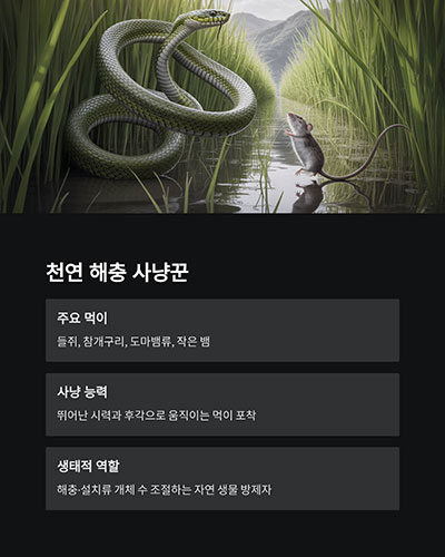 주요 먹이: 들쥐, 개구리, 작은 뱀, 도마뱀