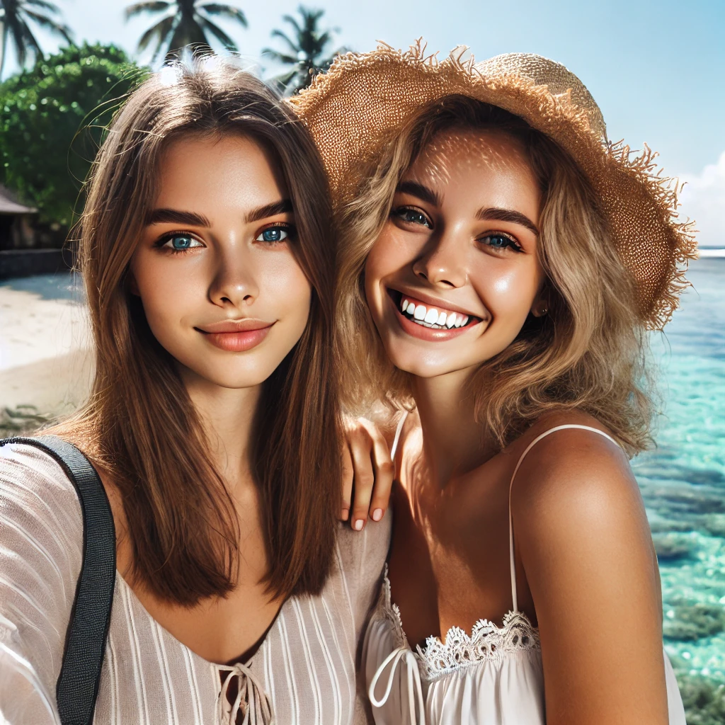 동남아 여행지에서 자매 사진