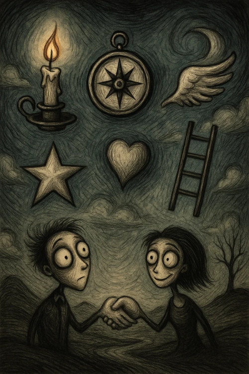 팀 버튼 스타일 일러스트, 초현실적 하늘 배경 속에 PERMA 모델의 상징인 촛불, 나침반, 날개, 사다리, 별이 떠 있고 아래에는 악수하는 두 인물이 등장함