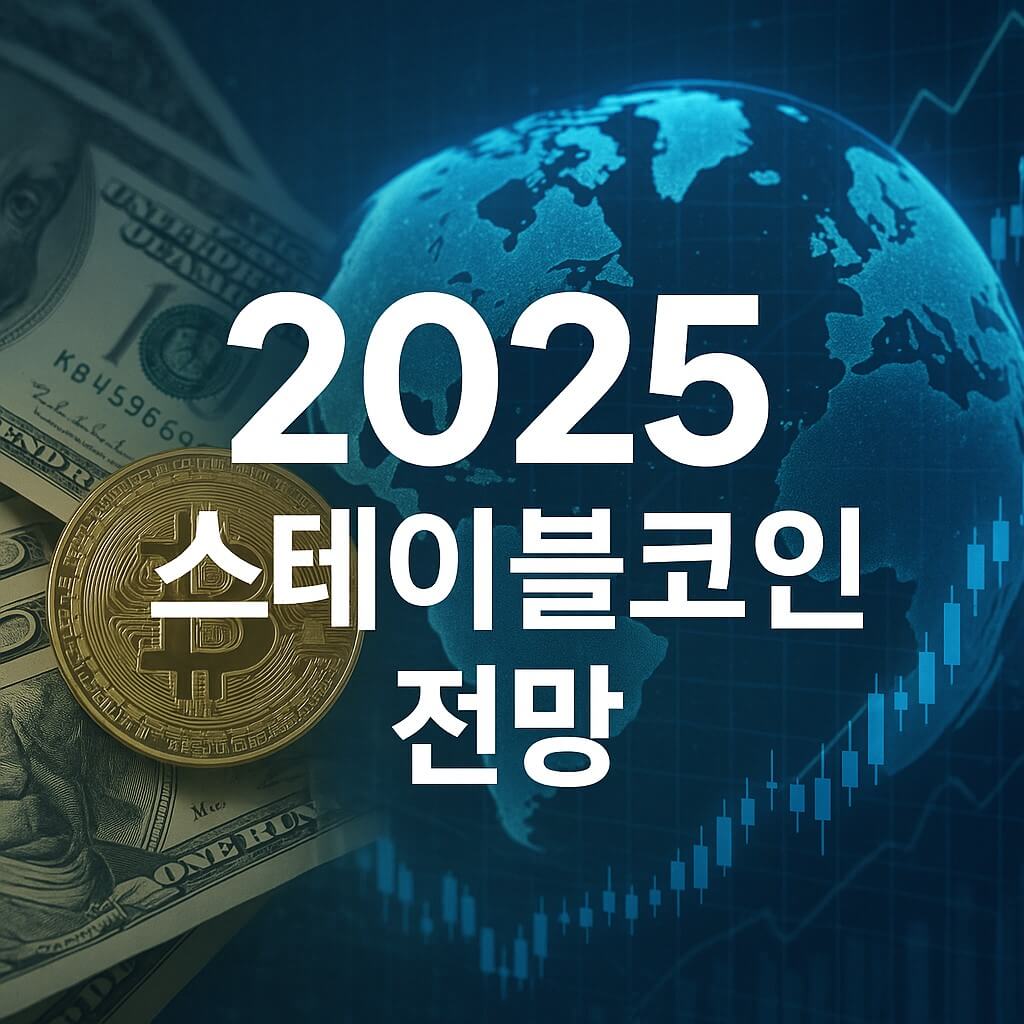 스테이블코인 2025년 전망을 주제로 한 썸네일, 달러와 디지털 코인이 어우러진 금융 트렌드 배경