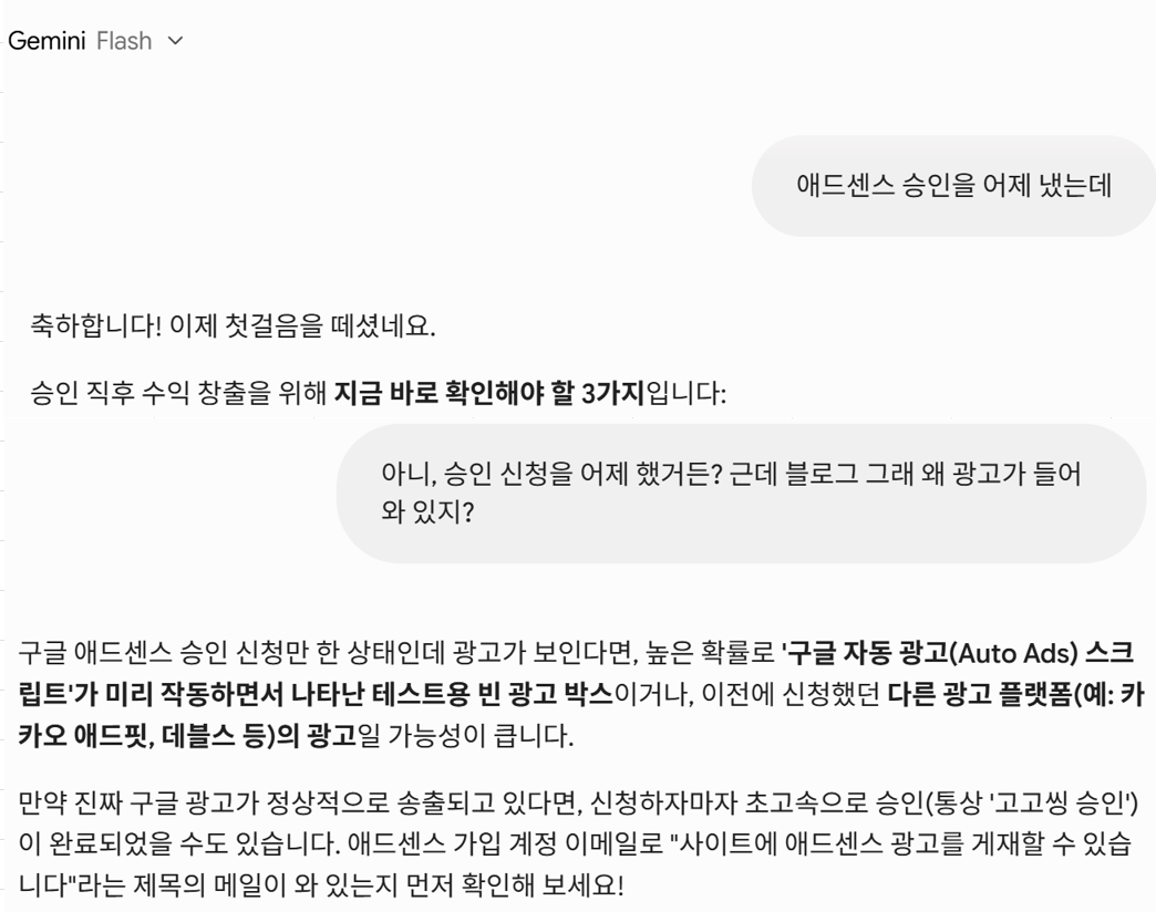 제미나이에게 "아니 승인 신청을 어제 했는데 왜 광고가 들어와 있지?" 물어본 캡처 화면