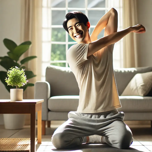 밝은 아침에 스트레칭하며 건강 루틴을 실천하는 동양인 남성의 모습