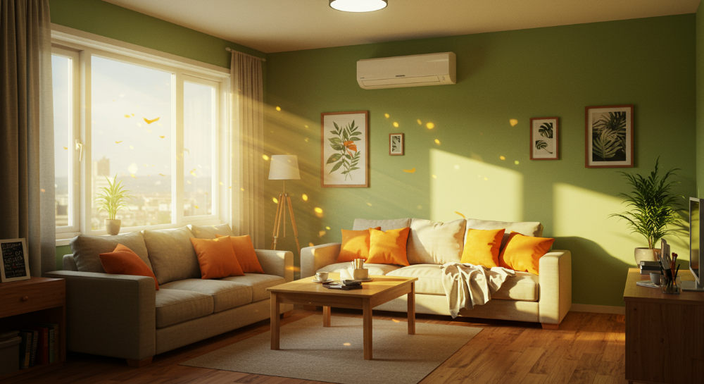 원룸 벽걸이 에어컨이 설치된 아늑한 공간. 높은 천장과 햇살이 잘 드는 창문, 공기 순환을 돕는 선풍기가 보인다. 원룸의 냉방 효율을 시각적으로 보여주는 이미지.