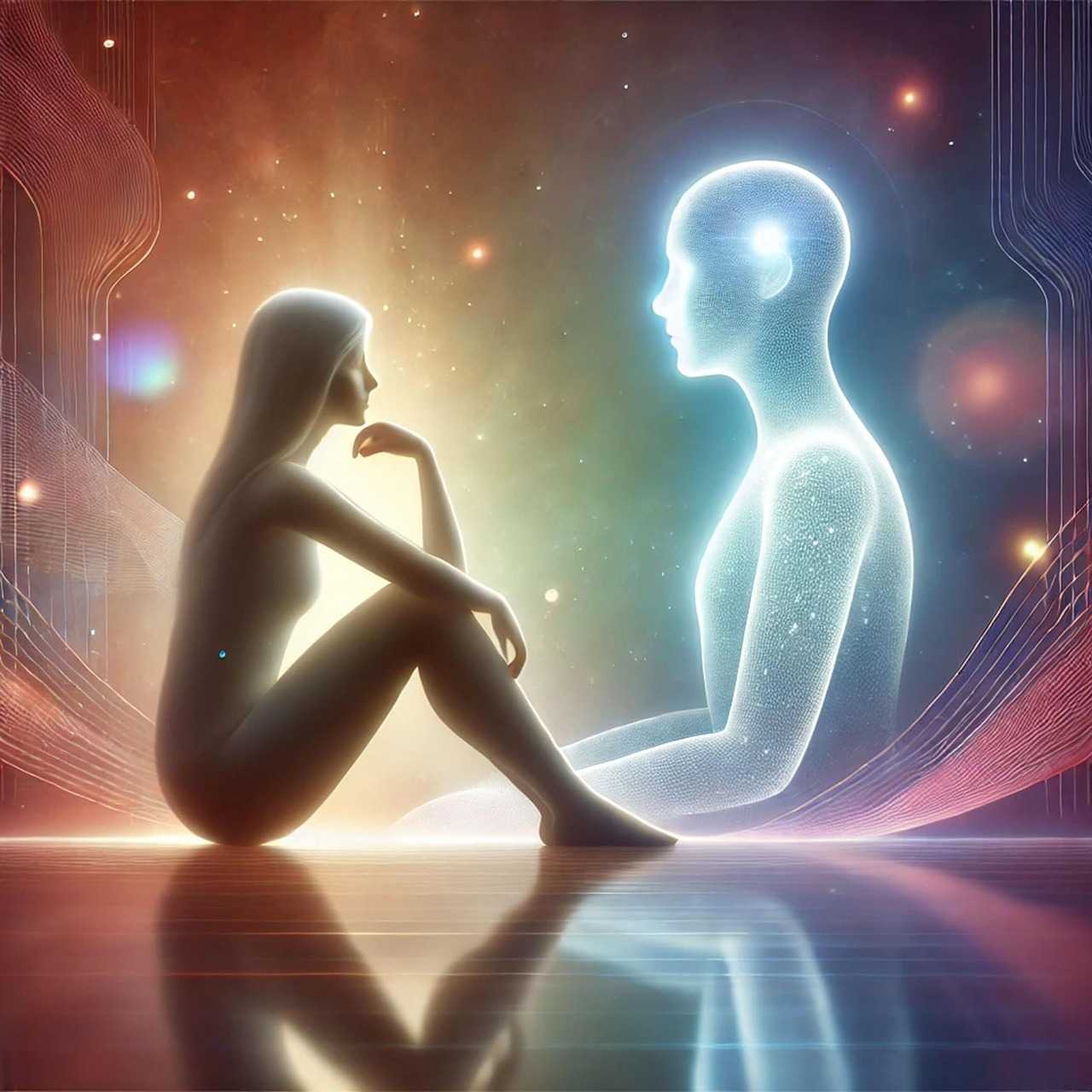 인간과 빛나는 AI 존재가 마주 앉아 대화하는 모습으로 검색과 업무, 생산성 전반에서 AI 중심 사용자 경험으로 전환되는 패러다임을 상징하는 이미지