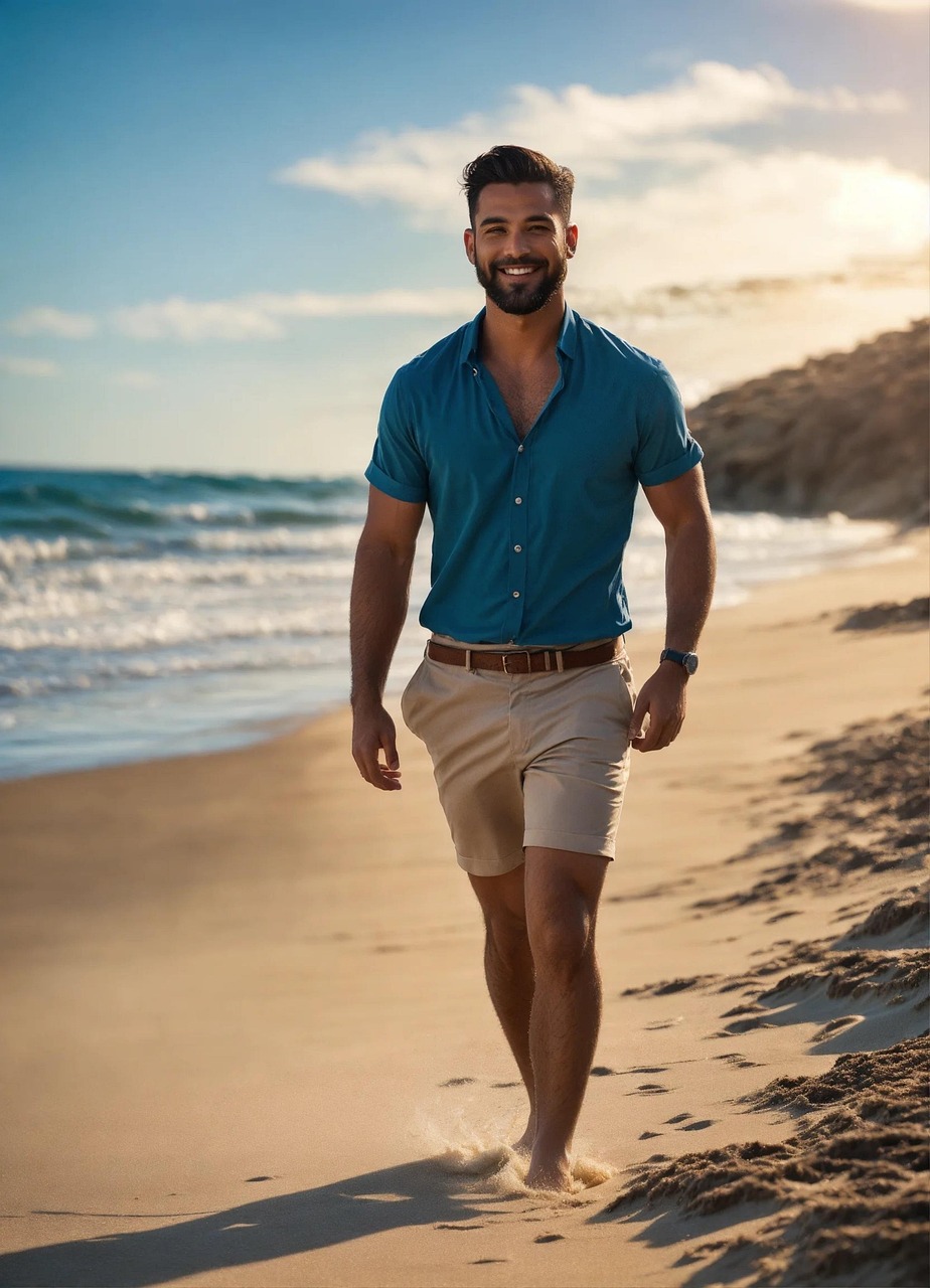 해변을 걷는 중년 남성