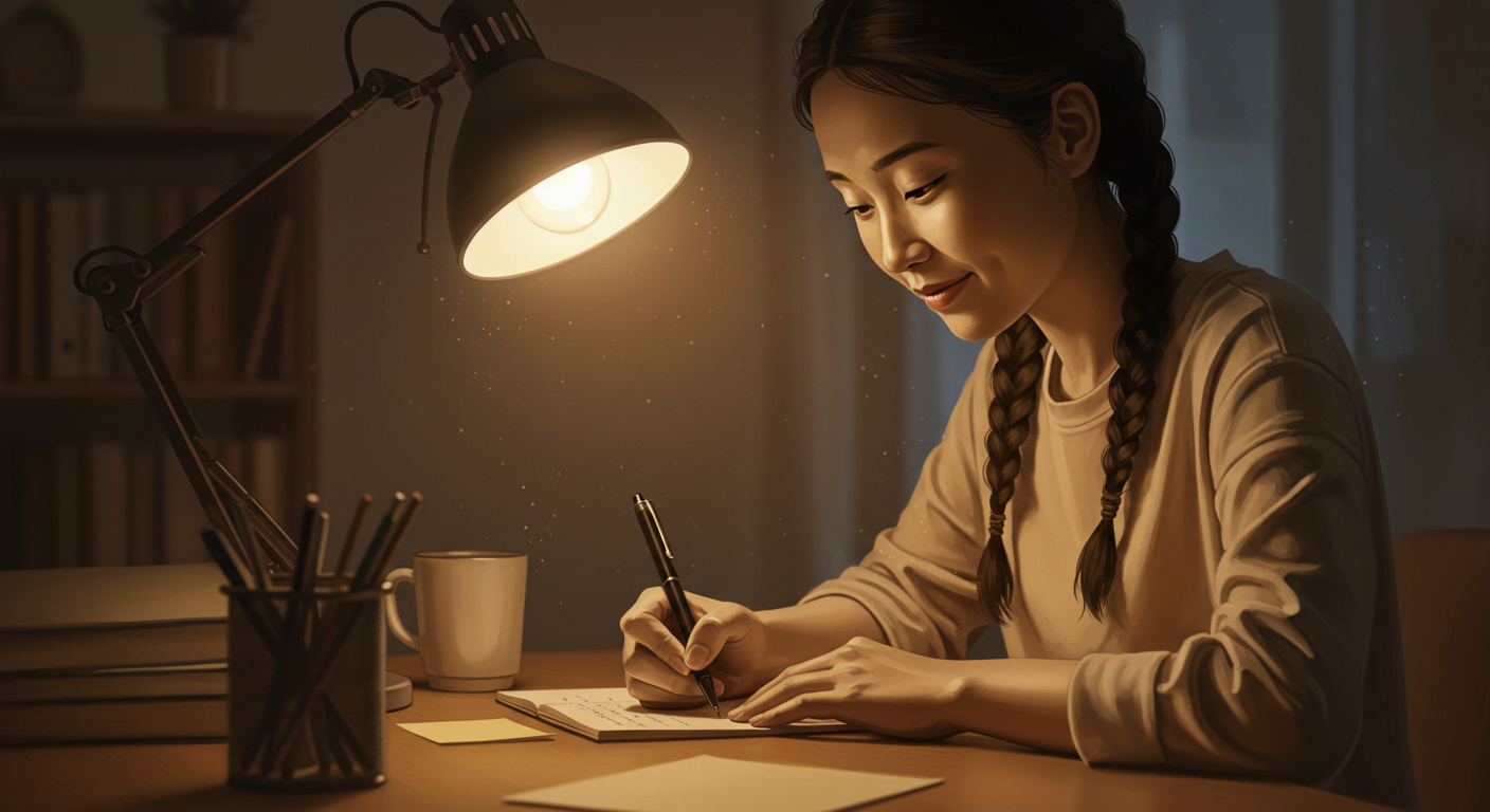 하루를 마무리하며 다음날 루틴을 메모하는 따뜻한 조명의 감성 일러스트