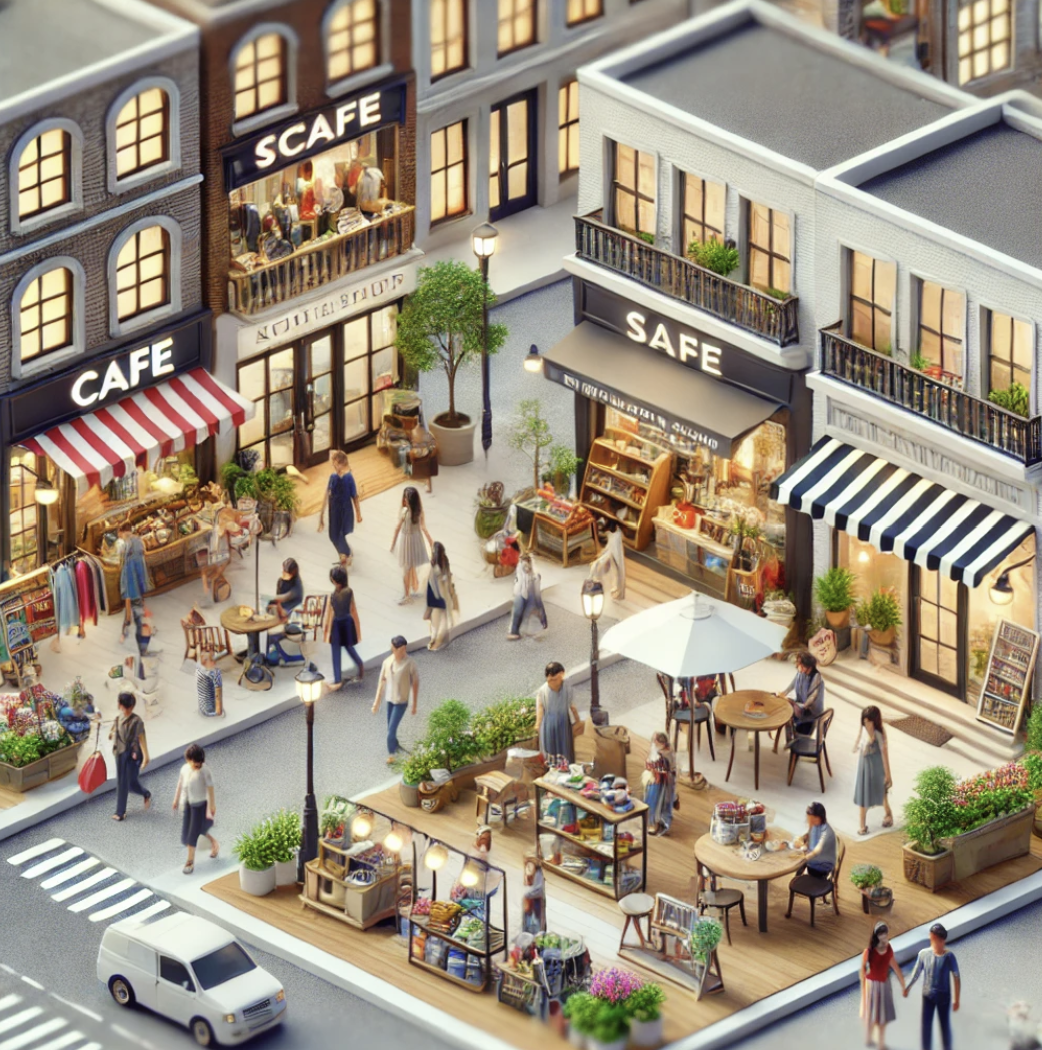 도시의 활기찬 거리 장면.