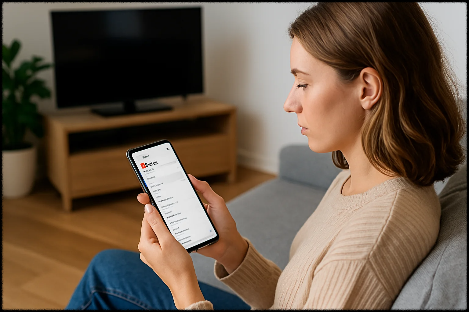 스마트폰으로 유튜브 스튜디오에서 설정을 검토하는 여성의 모습