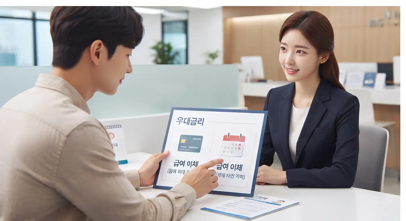 은행 창구에서 우대금리 및 급여 이체 혜택 안내 자료를 보며 상담하는 남성과 은행원