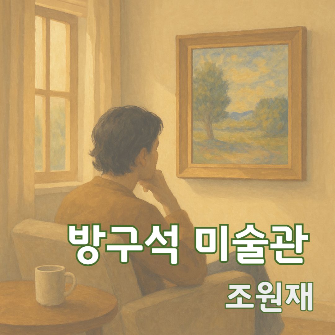 따뜻한 햇살이 드는 방 안에서 한 사람이 그림을 바라보며 조용히 사색에 잠겨 있는 듯한 장면을 떠올리게 합니다.