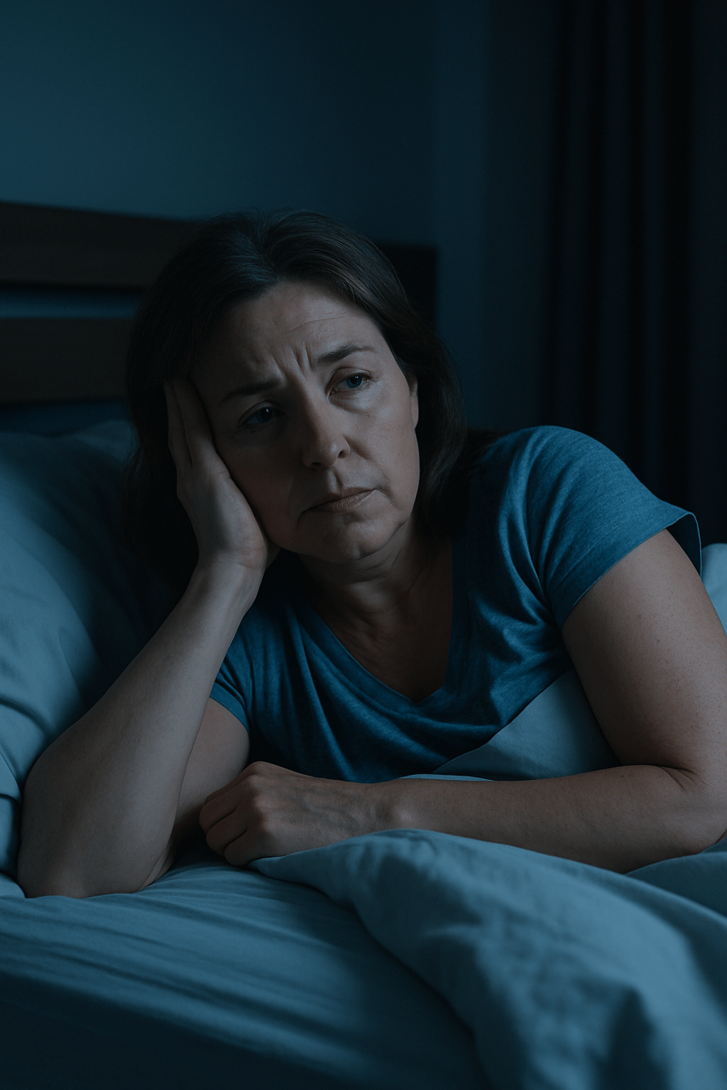 침대에서 불면증으로 힘들어하는 여성의 모습(출처**자체제작)