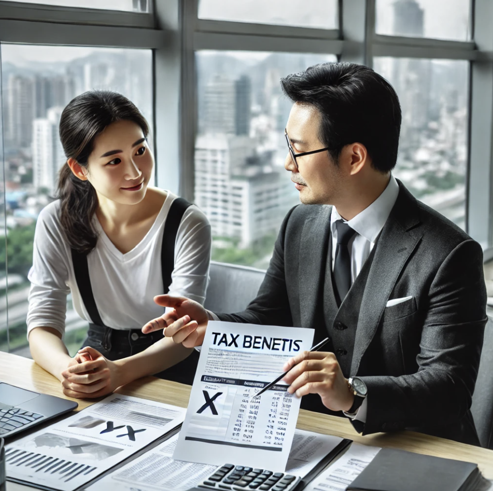 세무 전문가가 소상공인에게 고용 세액공제 혜택을 설명하는 모습