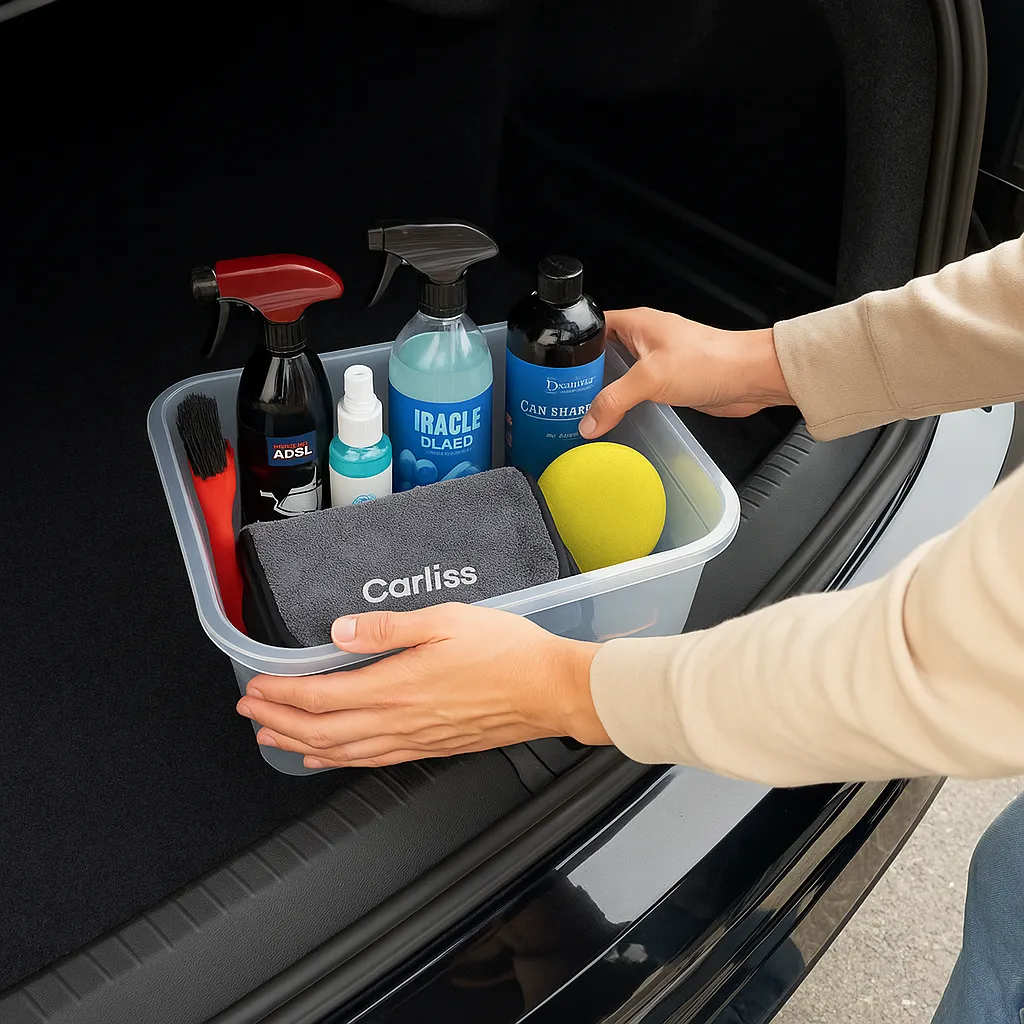 차량 트렁크에 세차용품 박스를 수납하는 장면