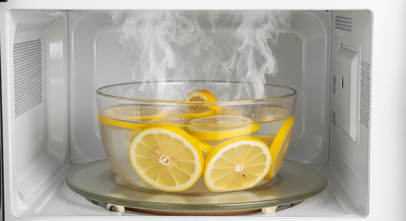 물과 레몬 조각이 담긴 그릇에서 스팀이 발생하는 전자레인지 내부