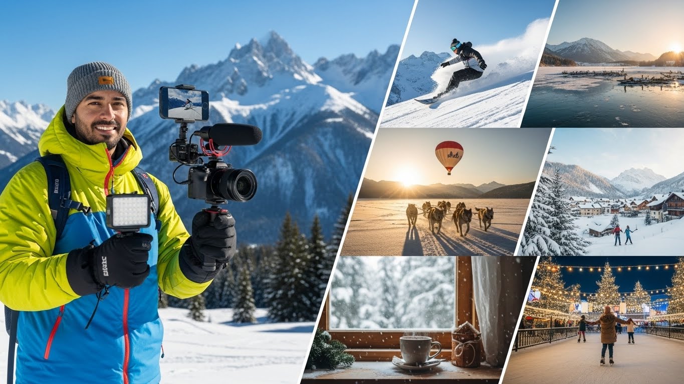 여행 유튜버가 스마트 기기로 겨울 여행 콘텐츠를 촬영하는 모습