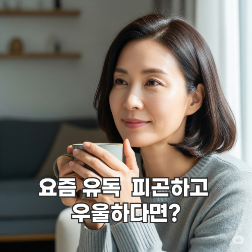 40대 여성이 따뜻한 차를 마시며 생각에 잠긴 모습. '요즘 유독 피곤하고 우울하다면?' 이라는 텍스트가 이미지에 겹쳐져 갱년기 초기 증상에 대한 궁금증을 유발함.