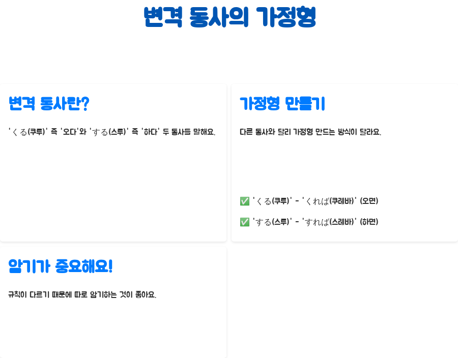 일본어 강의: 1류동사 'ば'형 마스터하기, 이제 쉽게 조건 표현! - 변격 동사의 가정형: 특별한 친구들! 일본어 강의: 1류동사 'ば'형 마스터하기, 이제 쉽게 조건 표현! - 변격 동사의 가정형: 특별한 친구들!