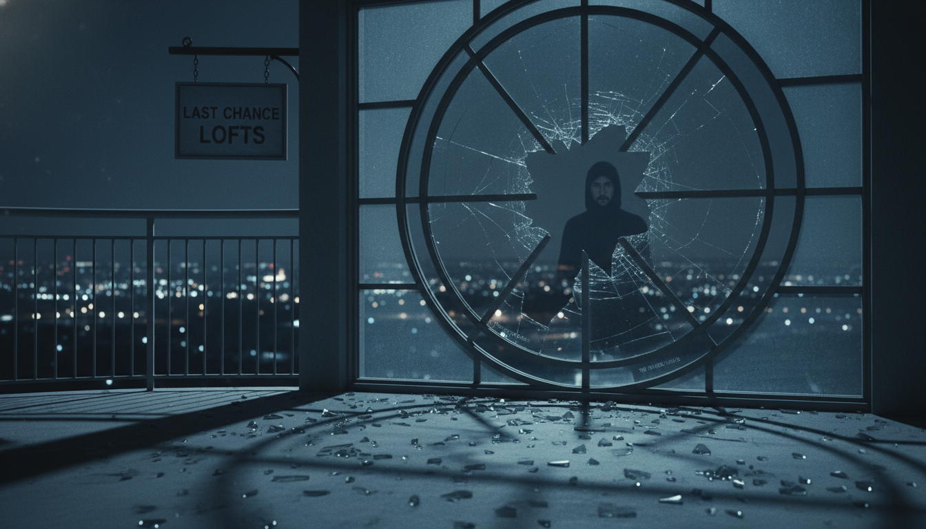 야간의 고급 아파트 베란다와 깨진 유리창에 비친 의문의 실루엣