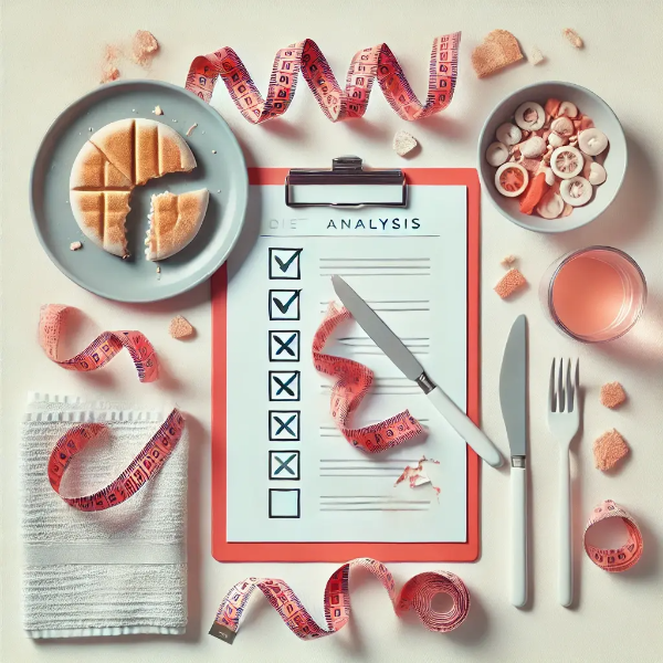 다이어트 실패 분석을 상징하는 깨진 줄자와 실패 체크리스트 세팅