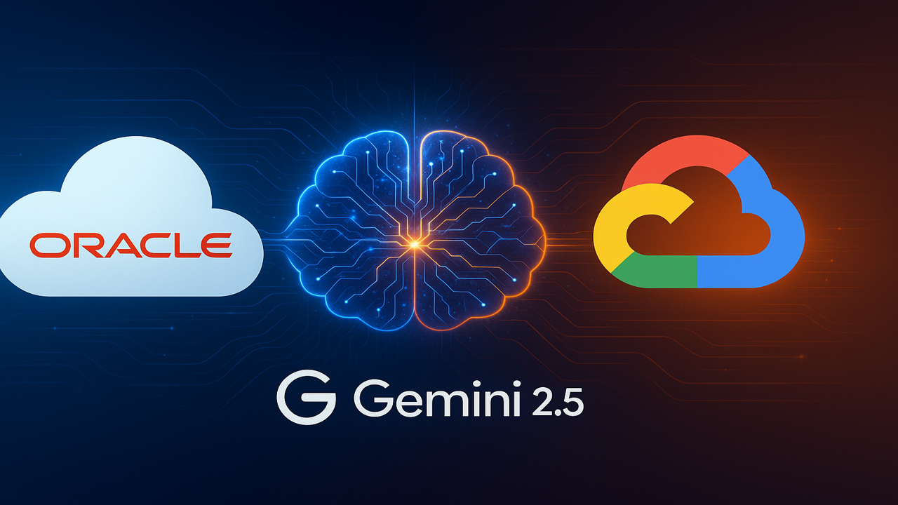 오라클과 구글 클라우드가 AI 협업을 위해 연결된 모습을 보여주는 이미지, 중앙에는 제미니 2.5 로고와 신경망 연결 표현