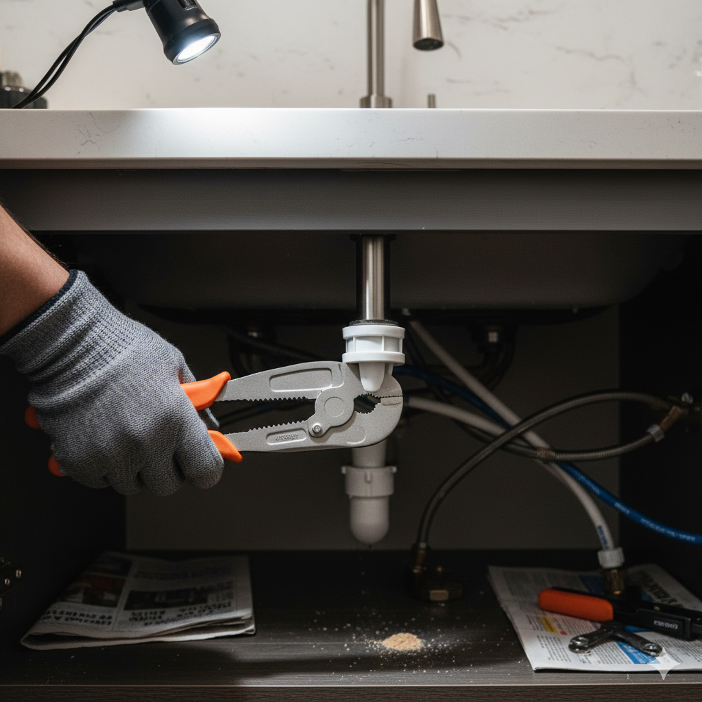 주방 싱크대 하부장 내부의 전체적인 수리 과정을 담은 실용적인 사진이에요. 회색 작업용 장갑을 낀 한 손이 주황색 손잡이가 달린 워터펌프 플라이어(첼라)를 이용해 수전 기둥의 하얀색 고정 부품을 단단히 움켜쥐고 있어요. 싱크대 상판 바로 아래에는 작업용 집게 조명이 밝은 빛을 비추고 있으며, 하부장 바닥에는 오염 방지를 위한 신문지와 추가 공구들이 깔려 있어요. 수전의 고정 상태를 점검하고 조이는 과정을 정면 각도에서 명확하게 보여주는 구성이에요.