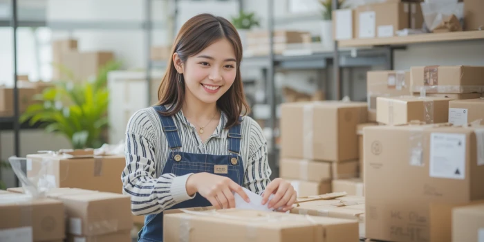 박스를 포장하며 밝게 웃는 여성 창업자의 작업 모습