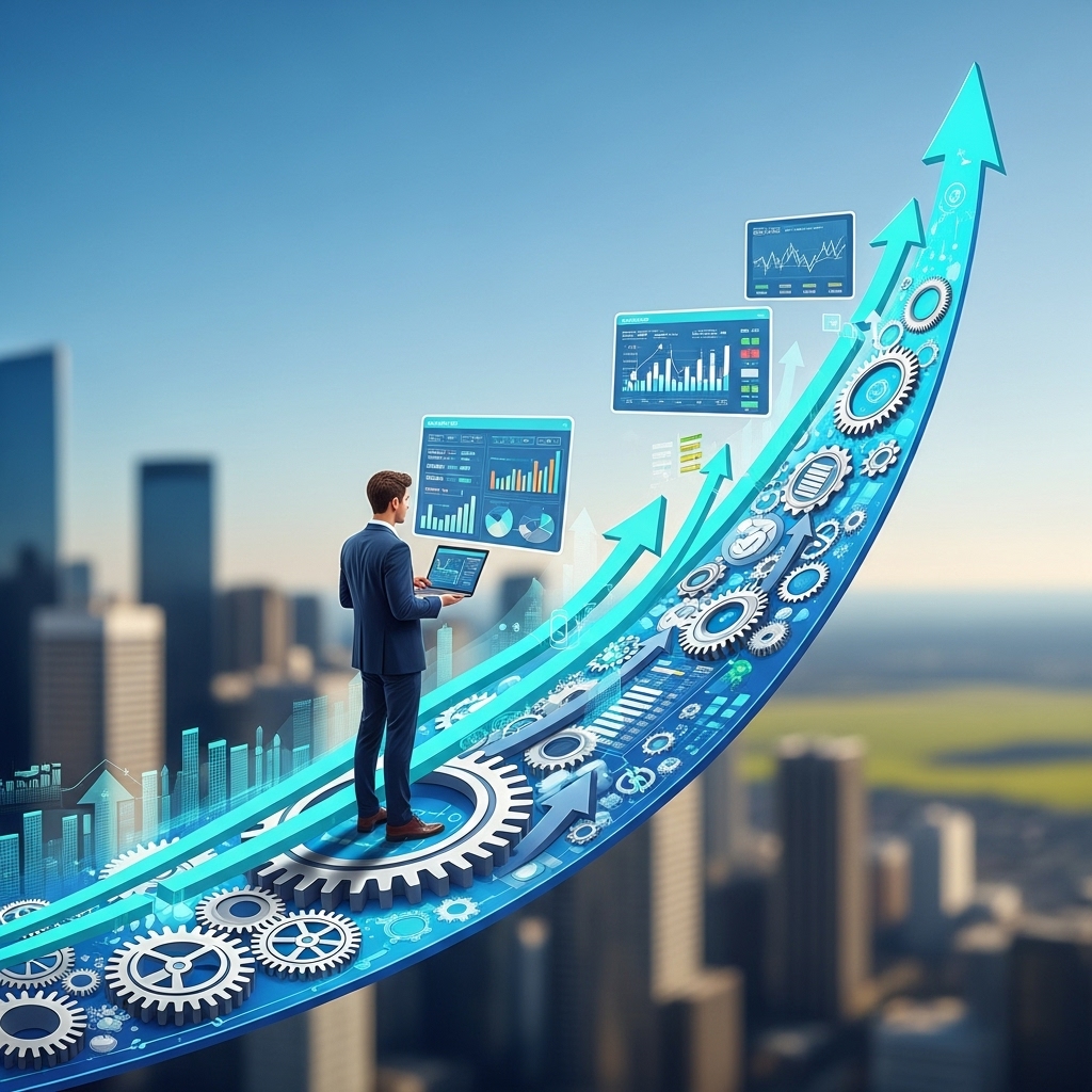 푸른색과 회색 톤의 금융 로드맵 위에 선 직장인이 노트북을 보며 재정 목표를 향해 나아가는 모습