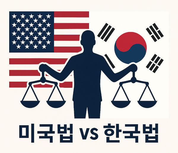 미국과 한국의 법률 체계를 비교하는 저울 이미지를 배경으로 한 썸네일