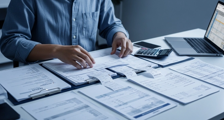 영수증, 청구서 등 다양한 재정 문서를 꼼꼼히 정리하며 경비 관리를 하는 개인사업자의 손
