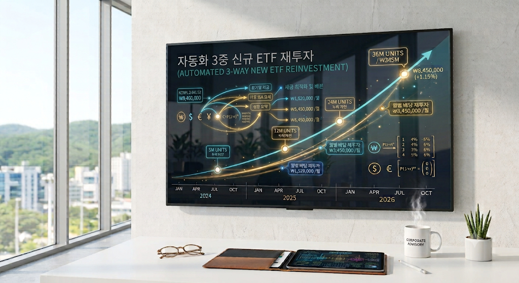 세련된 모던 오피스 데스크 위에 놓인 태블릿 PC 화면에 선명하게 찍힌 신상 ETF 3종 연금저축·IRP 복리 재투자 시뮬레이션