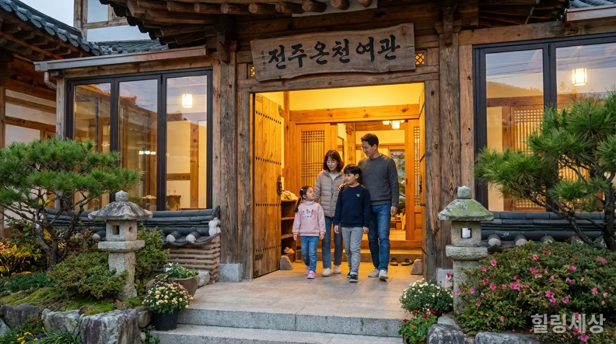 전라도의 고즈넉한 온천 여관 입구, 한국인 가족이 들어서는 모습