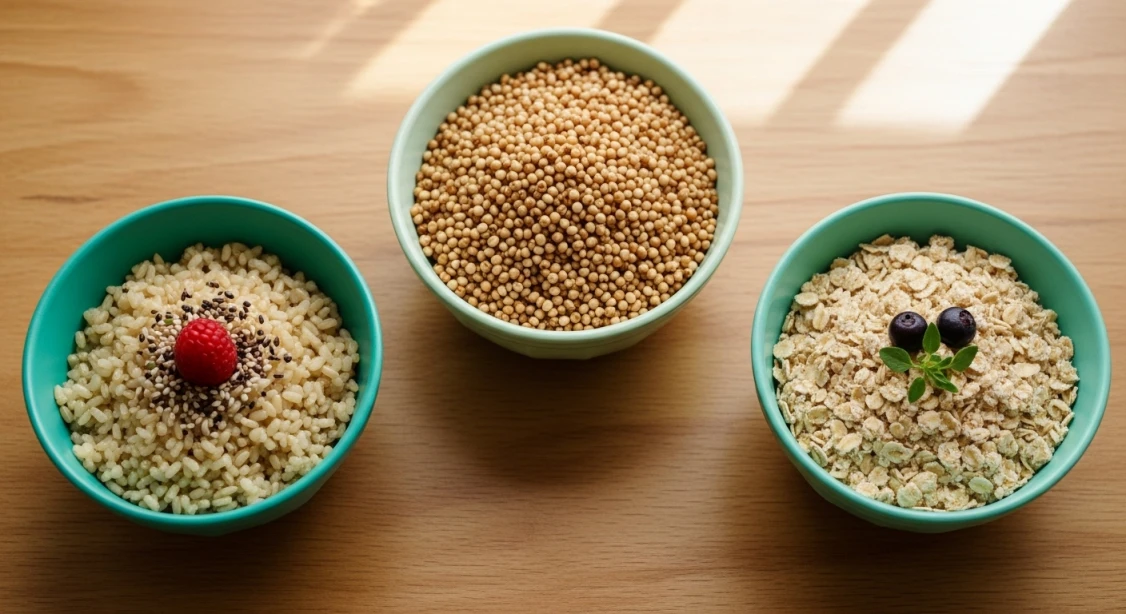 다이어트에 좋은 현미, 수수, 귀리 세 가지 곡물을 담은 그릇들이 나란히 놓여 있는 모습.