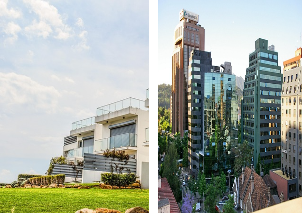 한쪽은 주택 사진 한쪽은 건물 빌딩 사진