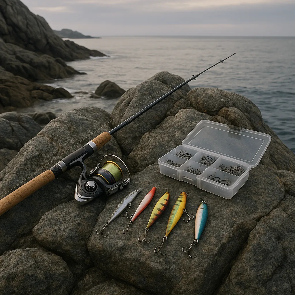 서해 바위 위에 정리된 바다낚시 채비