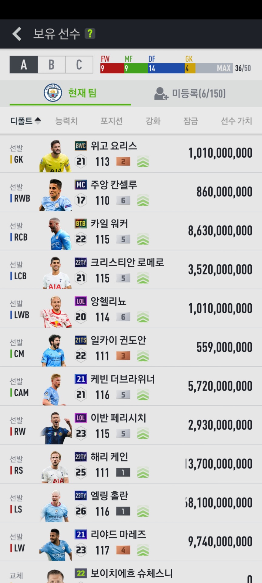 이 사진은 피파온라인4 맨시티, 토트넘 선수 가격 입니다.