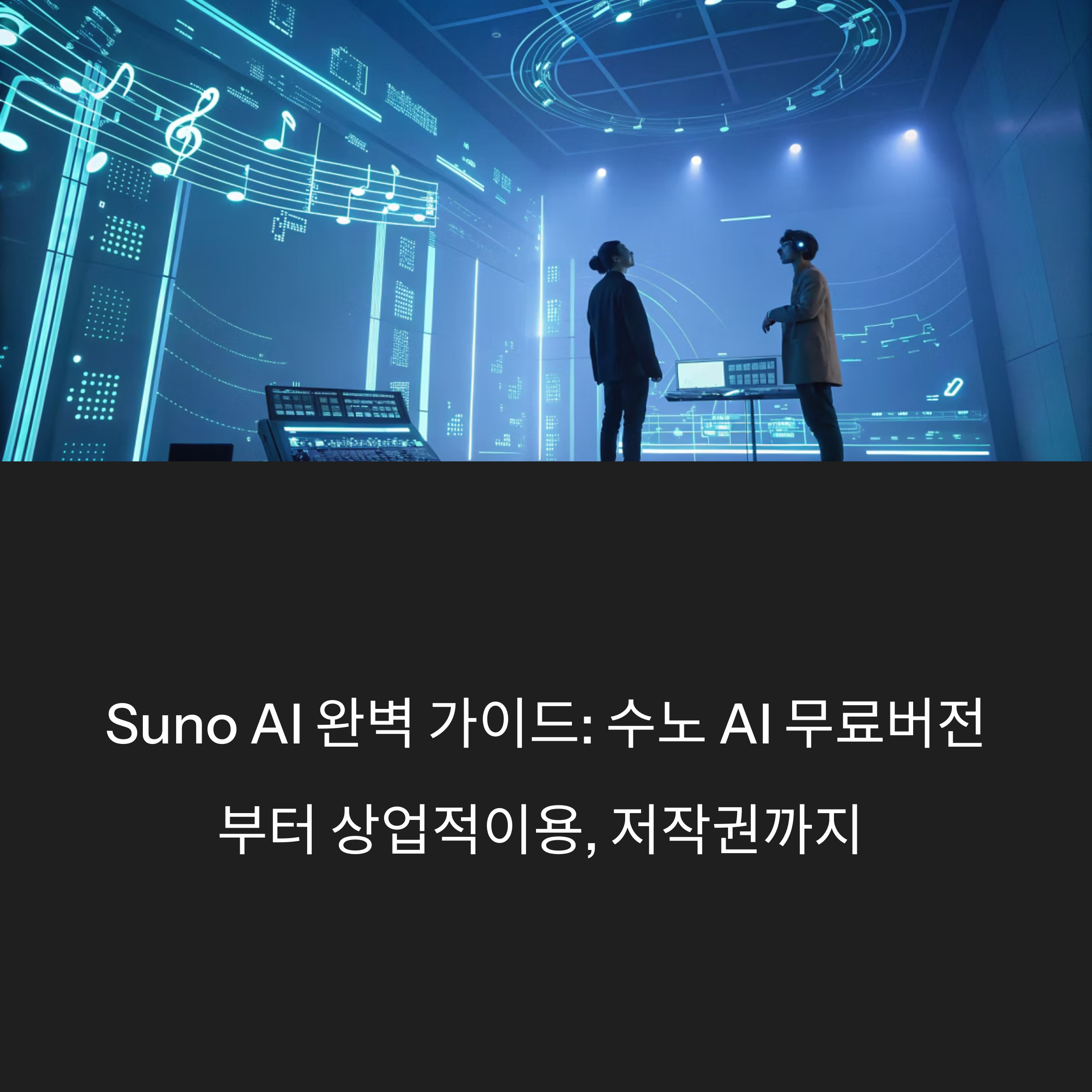 Suno AI 완벽 가이드: 수노 AI 무료버전부터 상업적이용, 저작권, 가격, 한국어 사용법까지 - 가사만 바꾸기, 다운로드, 프롬프트, 목소리, 어플 노래만들기 활용법 썸네일 이미지