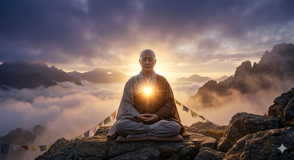 A serene and spiritual scene depicting a person sitting in a deep meditative pose on a mountain peak at dawn. Instead of a sun rising in the sky, a brilliant, golden glowing sun is radiating from the person's heart center (chest), illuminating the surrounding misty clouds and the silhouette of the mountains. The atmosphere is peaceful, divine, and ethereal, with soft transitions of gold, purple, and deep blue colors. High resolution, cinematic lighting, Zen aesthetic.