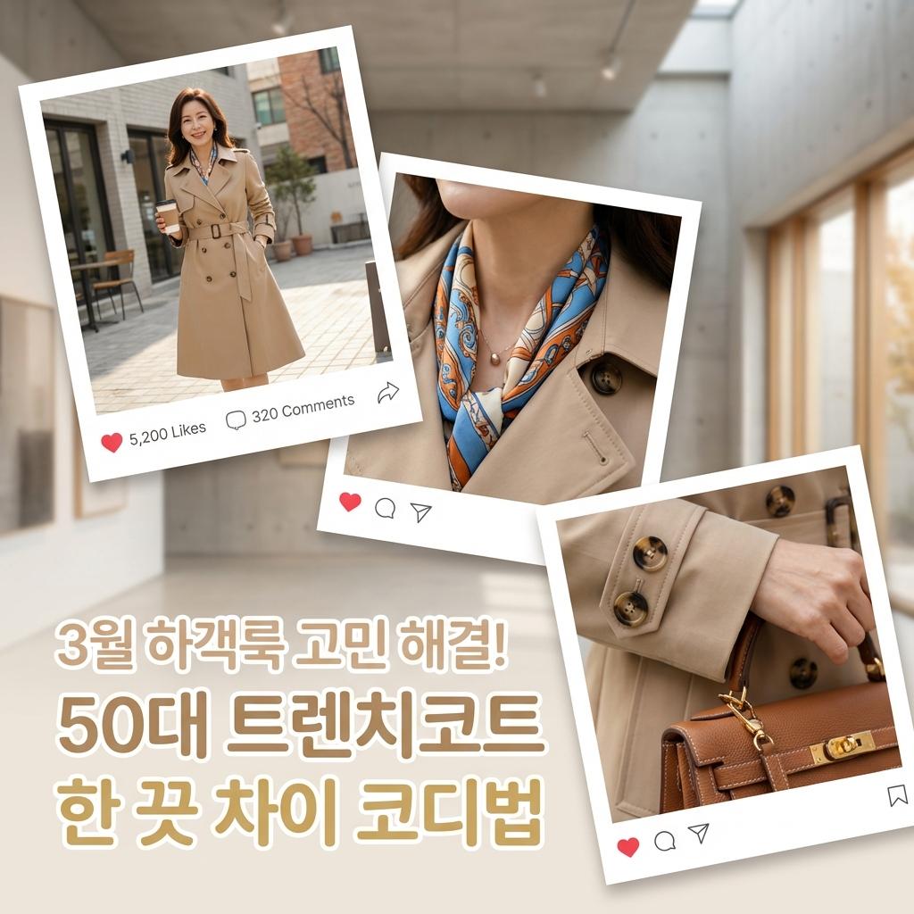 3월 하객룩 50대 트렌치코트 시크하게 묶는 법과 체형 보완 코디