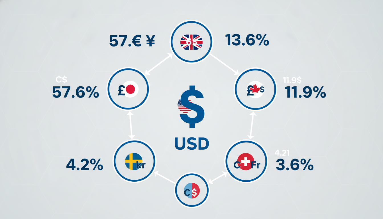 달러 인덱스를 구성하는 6개 주요 통화와 각 통화의 비중을 나타내는 인포그래픽.