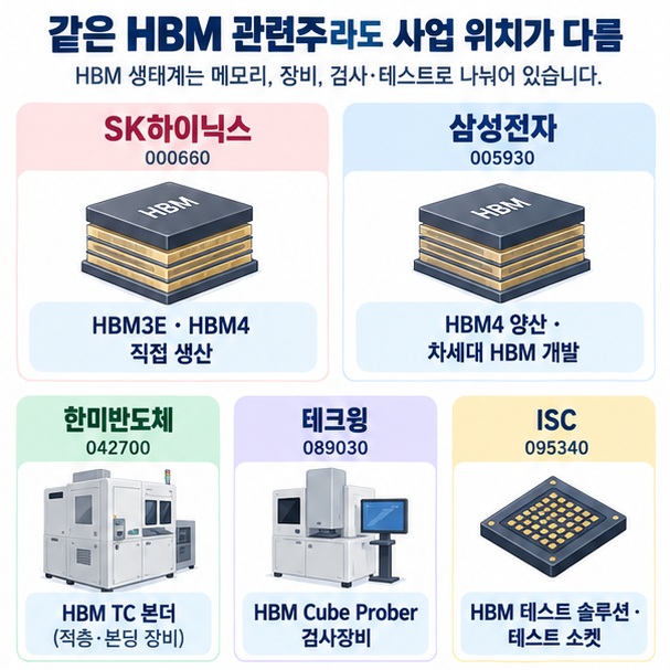 SK하이닉스와 삼성전자 등 HBM 제조사와 한미반도체·테크윙·ISC의 사업 연결고리를 비교한 이미지